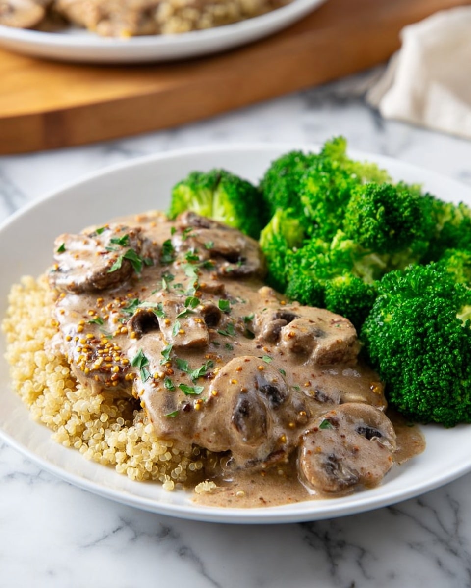 A white plate holds three main layers: at the bottom is a light tan layer of cooked quinoa with a fluffy, grainy texture, topped by a thick creamy mushroom sauce that is light brown with visible whole and sliced brown mushrooms and specks of mustard seeds and green herbs scattered on top. To the right side of the plate is a bright green pile of steamed broccoli florets with a slightly rough texture. The plate is set on a white marbled surface with a blurred background showing another similar plate. photo taken with an iphone --ar 4:5 --v 7