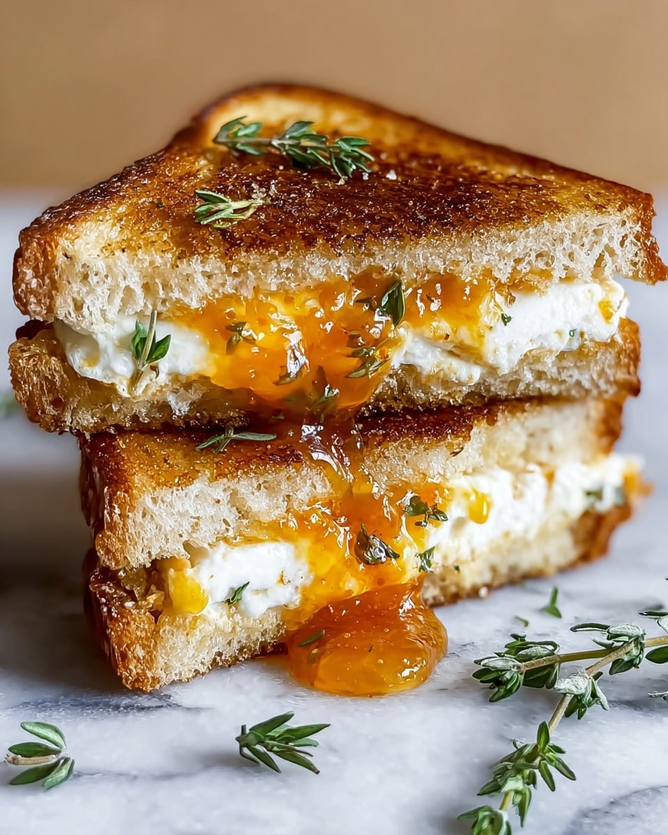 Two triangular grilled cheese sandwich halves stacked on a white marbled surface, showing three layers inside: the top and bottom layers are golden-brown toasted bread with a crispy texture, the middle layer consists of white creamy cheese and a bright orange jam spread, garnished with small green herb leaves. Some jam is dripping out from the bottom sandwich, and a few sprigs of fresh herbs lie next to the sandwiches. The photo taken with an iphone --ar 4:5 --v 7