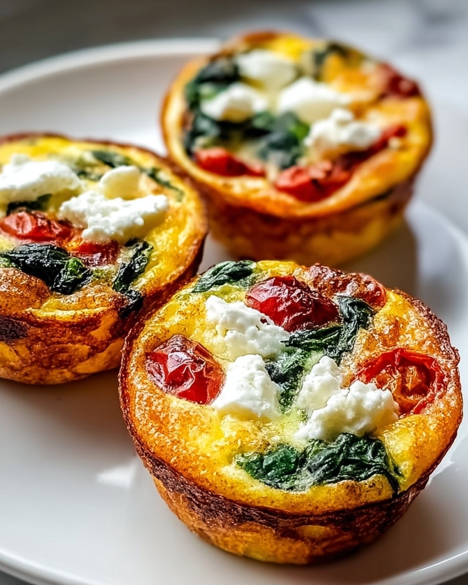 Three small round egg muffins sit on a white plate resting on a white marbled surface, each muffin having a browned, slightly crispy outer crust. The muffins have about three visible layers: a firm, golden egg base with small browned spots, topped with scattered pieces of dark green spinach leaves, bright red cherry tomato halves, and dollops of soft white cheese on top. The texture of the cheese is creamy and slightly crumbly, contrasting with the smooth egg and the leafy spinach, making each muffin look colorful and fresh. Photo taken with an iphone --ar 4:5 --v 7