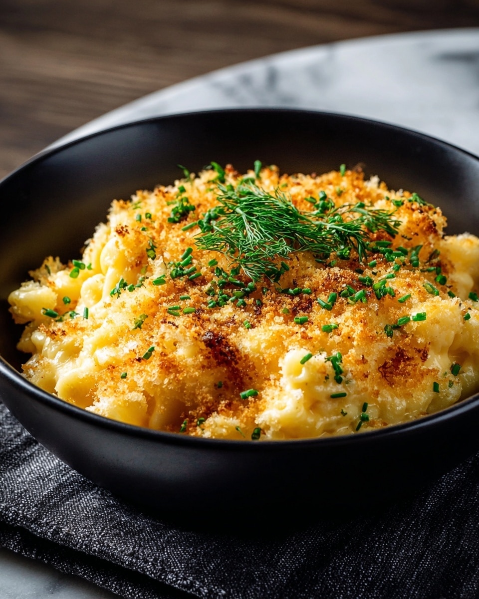 A black bowl filled with creamy macaroni and cheese topped with a golden-brown crispy breadcrumb layer sprinkled evenly with small bright green chive pieces and garnished with fresh green dill on top. The macaroni beneath the crispy top is a pale yellow and looks cheesy and soft. The bowl sits on a dark cloth over a white marbled texture surface. Photo taken with an iphone --ar 4:5 --v 7