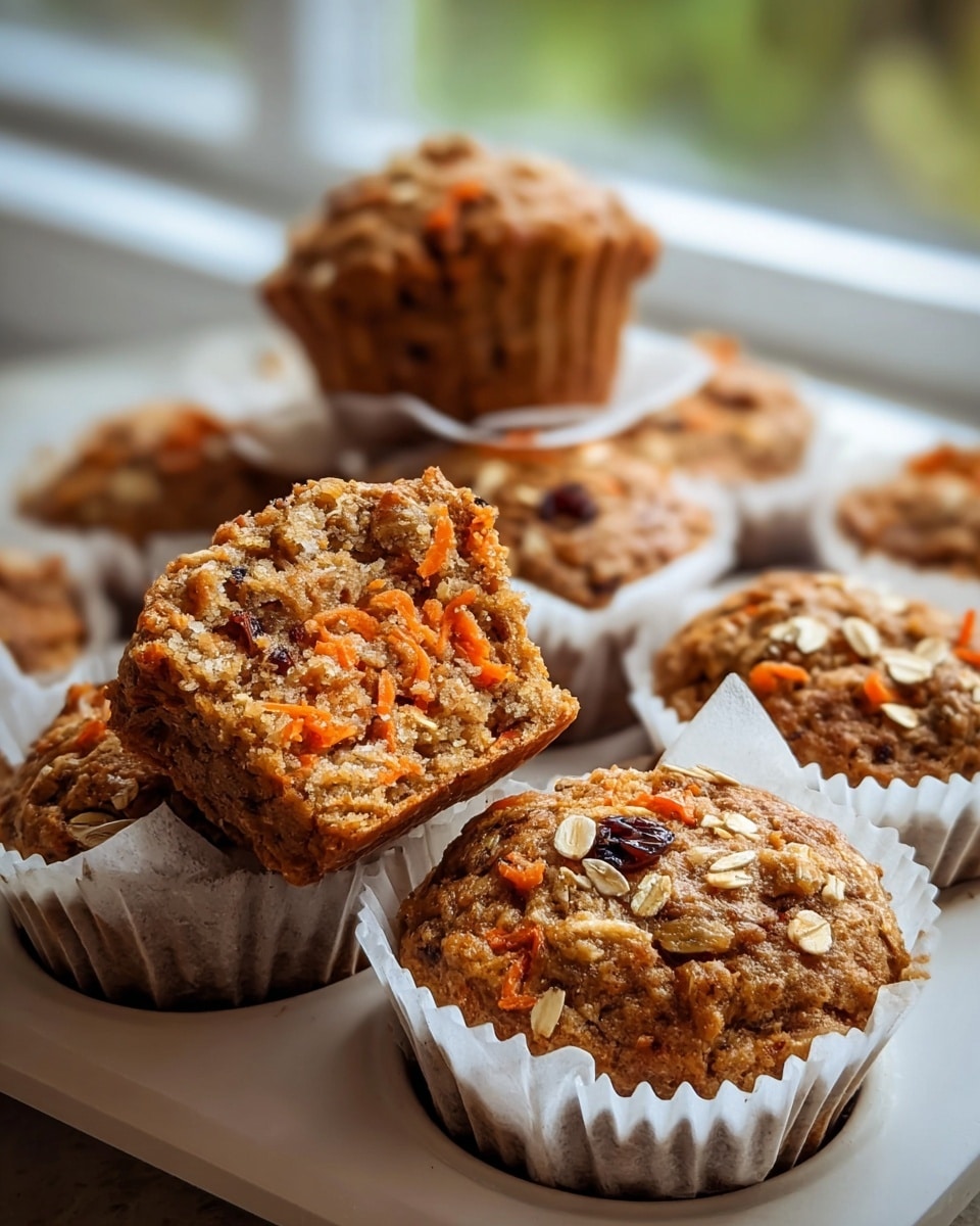A close-up view of seven brown muffins with rough, bumpy tops showing bits of oats and small orange carrot pieces, arranged in a white muffin tray. One muffin is cut in half and placed on top of another, showing a soft, moist inside filled with grated orange carrots and specks of dark raisins. The muffins are wrapped in white paper liners. The white marbled texture is not visible here as the scene is set near a window with blurred green and light colors in the background. photo taken with an iphone --ar 4:5 --v 7