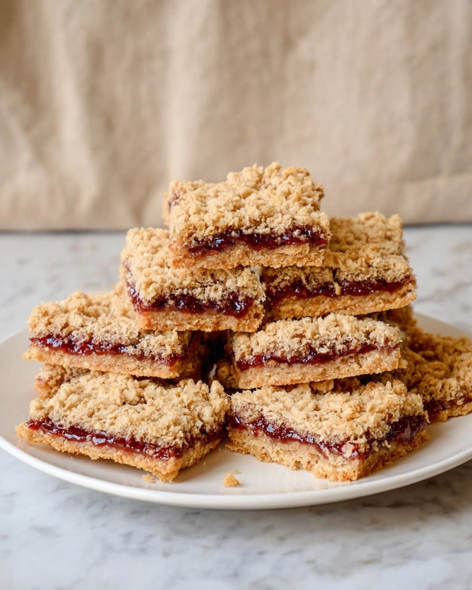 A white plate holds a neat stack of eight crumbly oat bars, each cut into a square shape. The bars have three visible layers: the bottom and top layers are golden-brown, crumbly, and rough with a coarse oat texture, while the middle layer is a thin spread of dark red jam, slightly peeking out between the oat layers. The bars are arranged with some stacked horizontally and others placed at slight angles, showing the jam layer clearly. The plate is set on a white marbled surface, with a simple beige cloth in the background. photo taken with an iphone --ar 4:5 --v 7