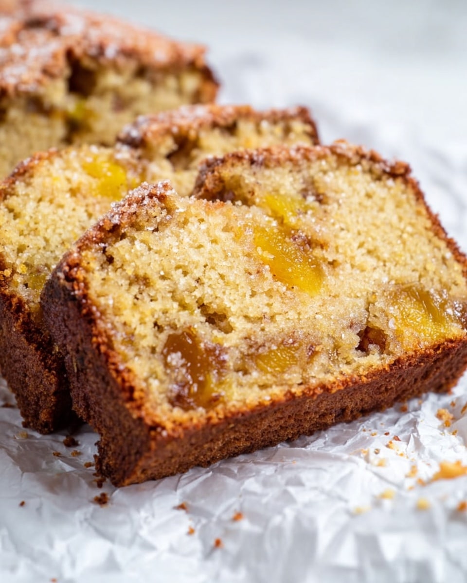 The image shows a close-up of two thick slices of fruit cake with a golden-brown crust and a moist, crumbly inside. The cake has two layers, both filled with chunks of yellow and light brown fruit dispersed unevenly throughout the light brown crumb. The top crust looks slightly textured and sprinkled with tiny crystals that may be sugar. The slices rest on crumpled white parchment paper over a white marbled surface. photo taken with an iphone --ar 4:5 --v 7
