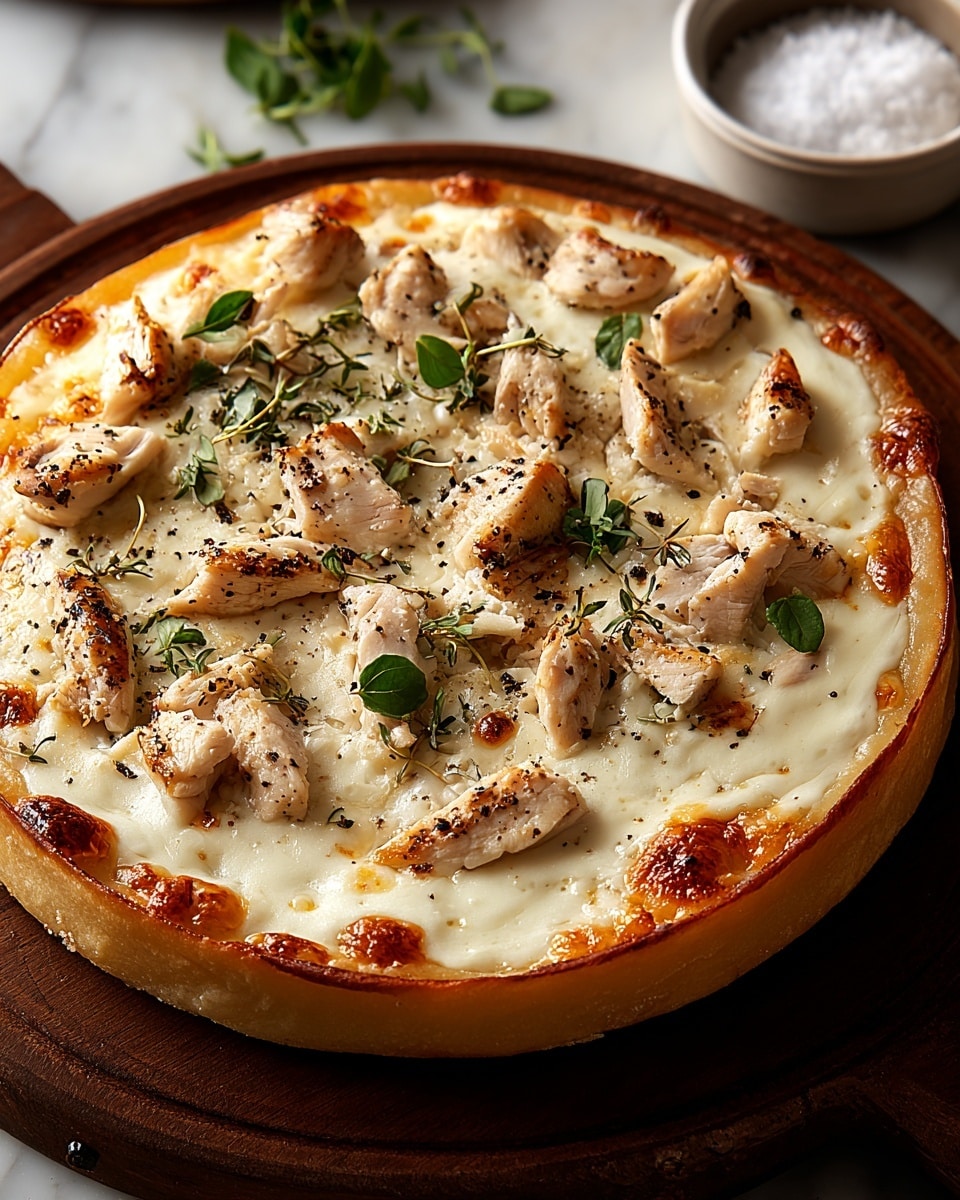 A round pizza with one thick golden-brown crust layer, topped with a smooth, creamy white cheese layer that is slightly melted and bubbly with small browned spots. On top, there are irregular pieces of grilled white chicken scattered evenly across, each piece showing light char marks. Small green herb leaves are placed sparingly over the chicken, along with a sprinkle of cracked black pepper. The pizza is placed on a round wooden board, on a white marbled surface, with a small white bowl filled with granulated salt visible in the background. photo taken with an iphone --ar 4:5 --v 7