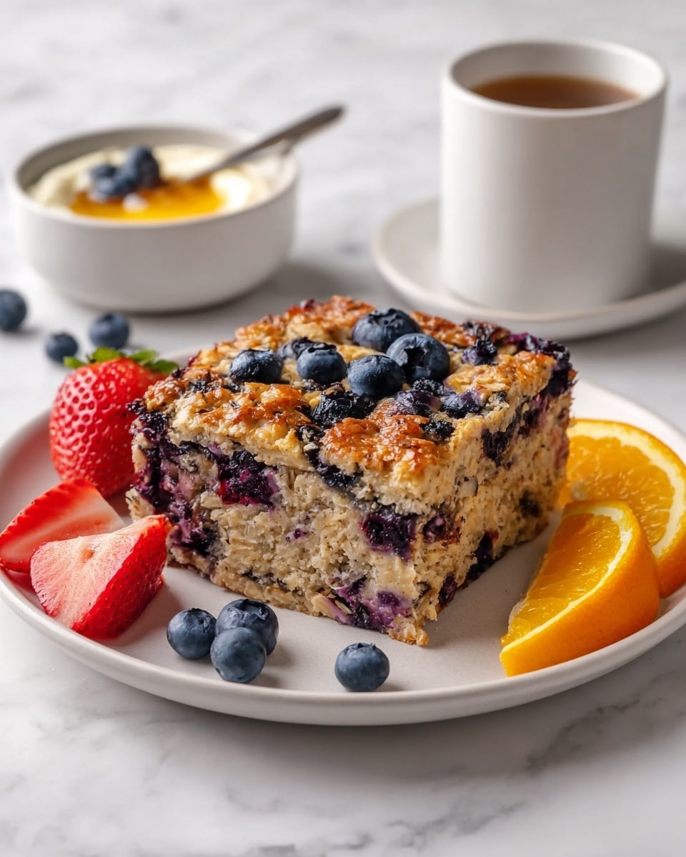 A white plate holds a thick slice of baked oatmeal with visible layers of light beige oat mixture and deep blue blueberries spread throughout. The top layer is golden brown with a slightly crunchy texture and scattered whole blueberries. On the left side of the slice, there are two fresh red strawberries, one sliced in half showing the juicy inside. On the right side, there are two bright orange wedge slices leaning against the oatmeal. In the background, a small white bowl with creamy yogurt topped with blueberries and honey sits next to a white mug of coffee, all placed on a white marbled surface. photo taken with an iphone --ar 4:5 --v 7