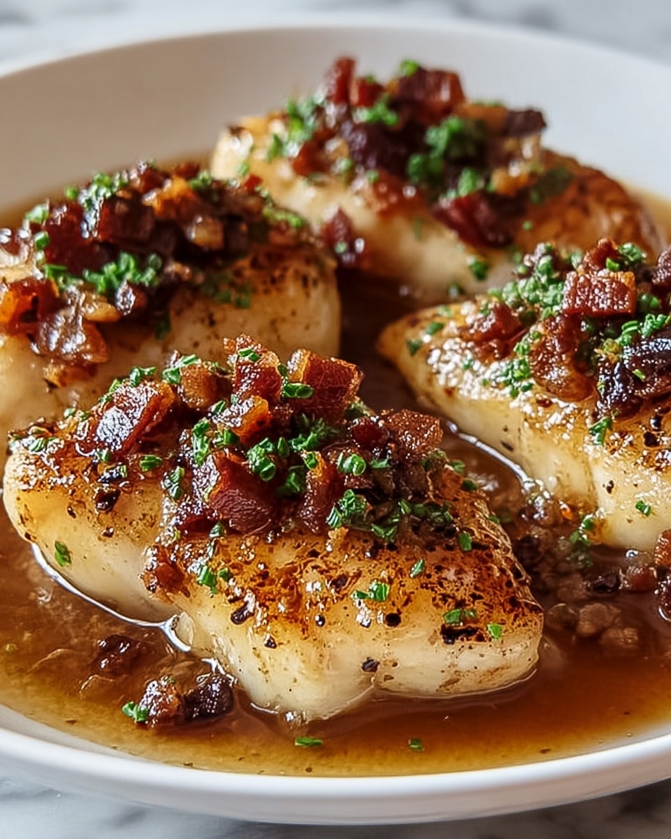 Three pieces of golden brown cooked fish fillets are placed closely on a white plate. Each fillet has a shiny, slightly oily surface with specks of black pepper and is topped with small, crispy cubes of dark caramelized bacon and finely chopped green herbs. A rich brown sauce pools partially around the fillets, enhancing their glossy texture. The white plate sits on a white marbled textured surface. photo taken with an iphone --ar 4:5 --v 7
