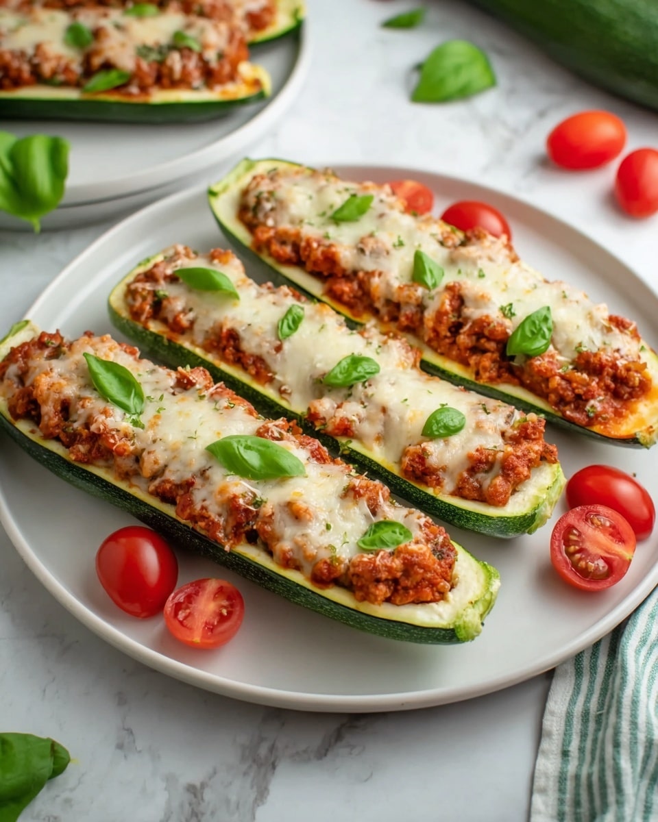 Three zucchini boats are placed on a white round plate set on a white marbled surface. Each zucchini is cut in half lengthwise, forming the base layer with their green skins and pale green insides. They are filled with a chunky tomato and meat sauce that is reddish-brown and textured, forming the second layer. On top of the sauce, there is a layer of melted, creamy white cheese with a light sprinkle of green herbs, melted smoothly but still thick. Fresh green basil leaves are evenly placed on top of the cheese. Around the zucchini boats, there are six small bright red cherry tomatoes arranged on the plate. The background shows a hint of a second white plate with a similar dish, and fresh green basil leaves are visible to the side. Photo taken with an iphone --ar 4:5 --v 7