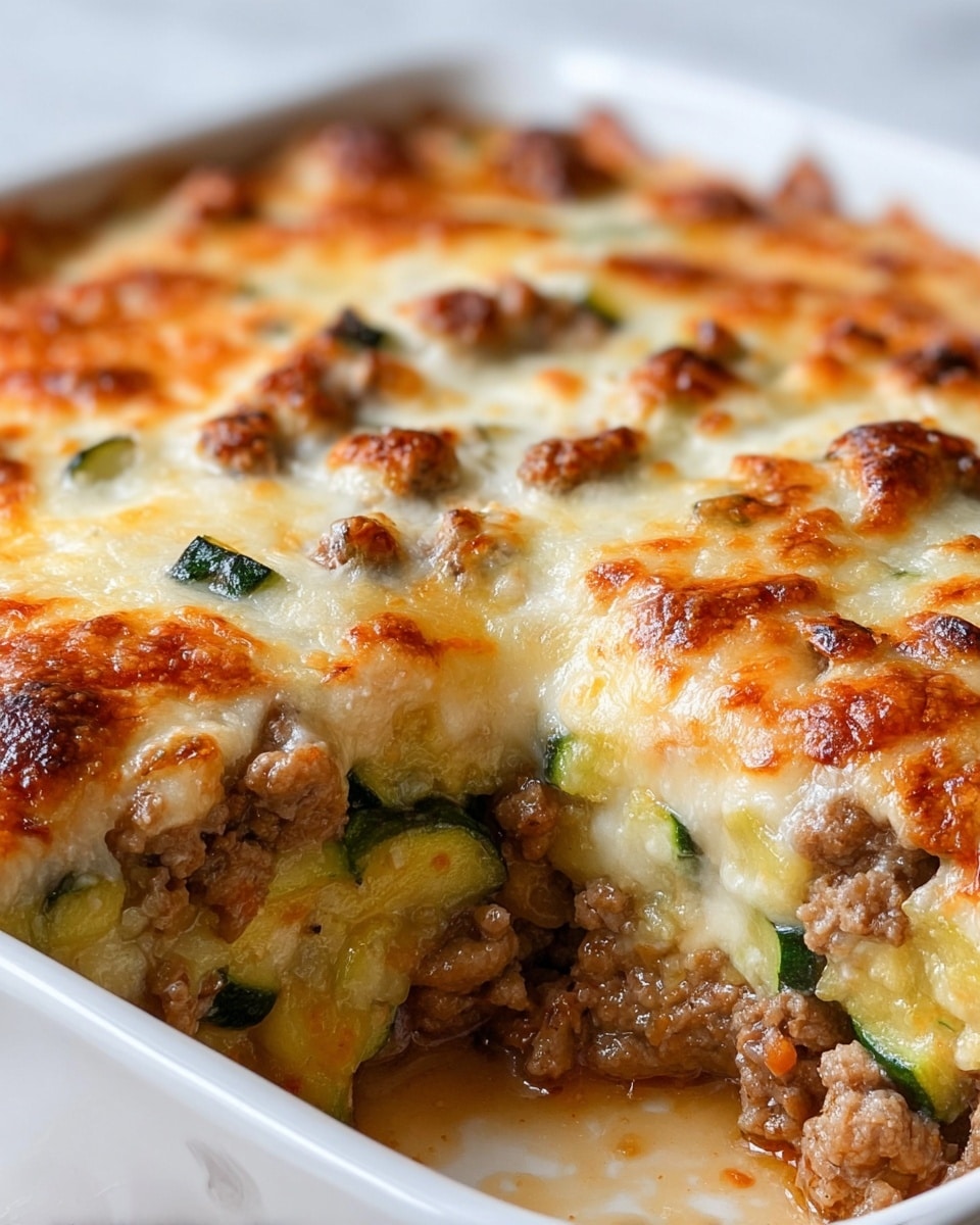 The image shows a close-up of a baked casserole with three main layers visible in a white dish. The bottom layer is a light brown mixture of cooked ground meat. Above this is a layer of chunky green zucchini pieces mixed with some small visible tomato bits, adding contrast. The top layer is a thick, bubbly, golden-brown melted cheese with crispy browned spots, covering the entire dish evenly. The white dish has some baked cheese spots on its edge, and the background is a white marbled texture. photo taken with an iphone --ar 4:5 --v 7
