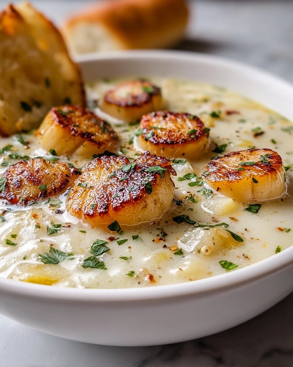 A white bowl filled with creamy white chowder that has visible small chunks inside; on top, there are multiple golden brown, seared scallops with a slightly crispy texture and sprinkled green herbs scattered over the dish. A piece of bread rests on the edge of the bowl. The bowl is placed on a white marbled surface. photo taken with an iphone --ar 4:5 --v 7