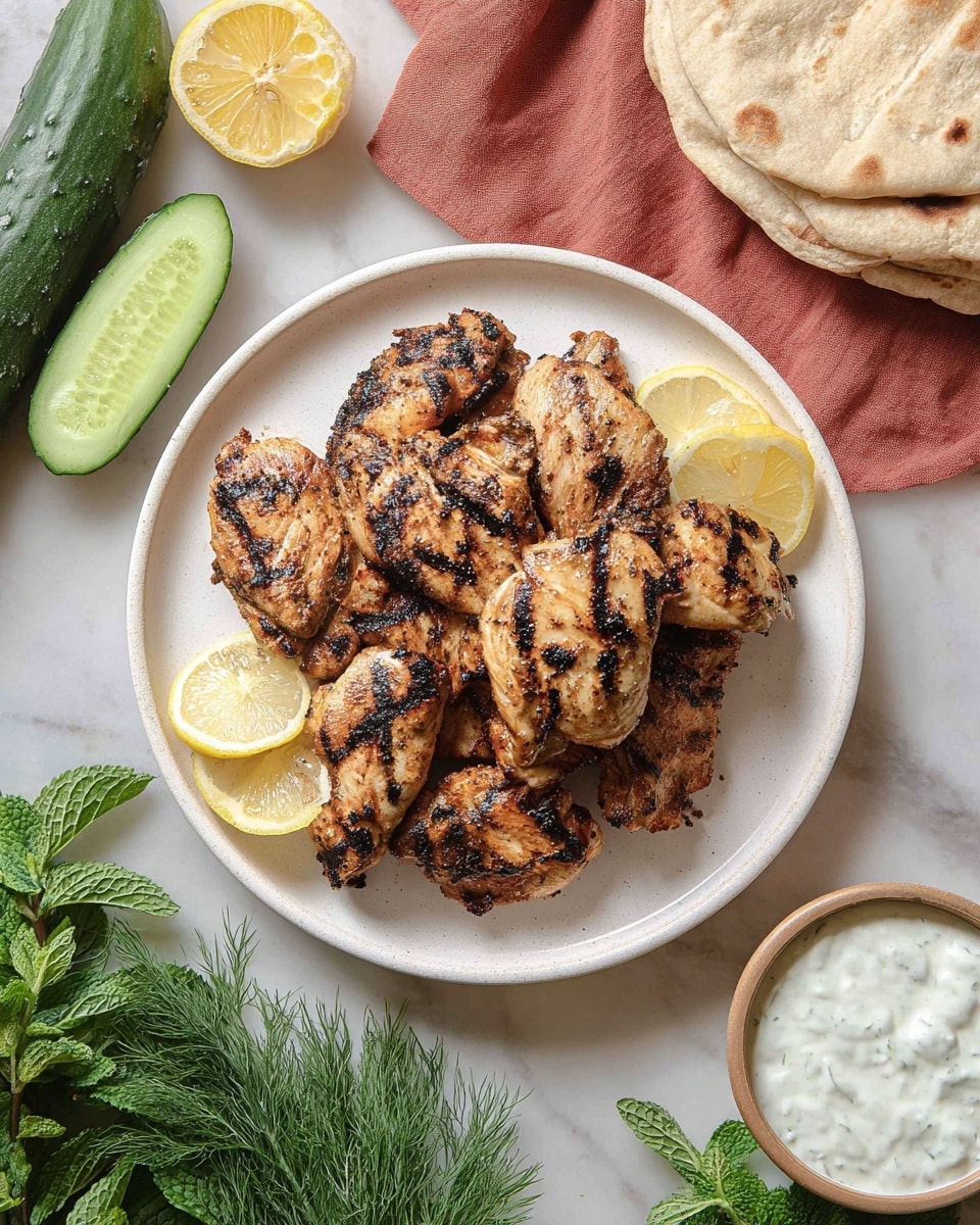 A white plate holds a stack of eight grilled chicken pieces, each with charred dark brown grill marks and a golden-brown color, arranged in a loose pile. Two lemon wedges peek out from under the chicken on the top left and bottom right edges of the plate. Around the plate on a white marbled surface, there is a sliced lemon half in the top left corner, a whole cucumber above the plate, a folded terra-cotta colored cloth at the top, two folded flatbreads on the right, a bunch of fresh green mint leaves on the bottom left, some dill on the bottom right, and a small white bowl filled with a creamy white sauce with herbs in the bottom right corner. photo taken with an iphone --ar 4:5 --v 7