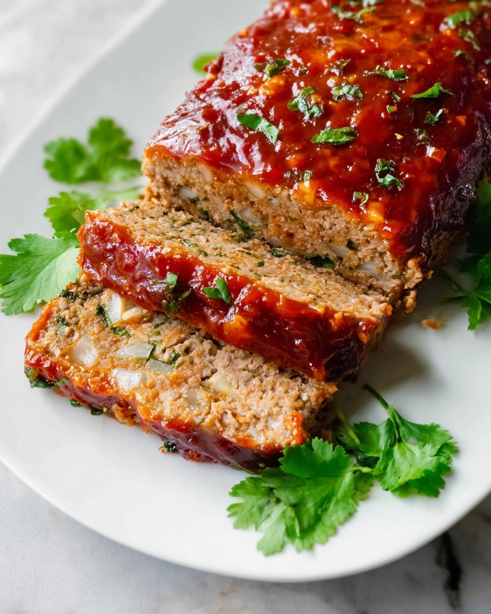 A white plate holds a rectangular meatloaf covered in a shiny, reddish-brown sauce that looks slightly sticky and glazed. The meatloaf is cut into two thick slices, showing a soft inside with bits of green herbs and small pieces of onion mixed throughout. The top has a textured surface with visible small bits of sauce clinging to it. Around the meatloaf are sprigs of fresh green cilantro adding a touch of color. The plate rests on a white marbled surface. Photo taken with an iphone --ar 4:5 --v 7