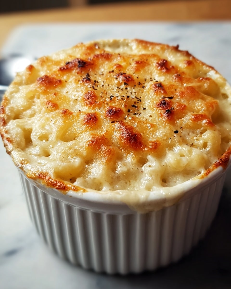 A single white ramekin filled with creamy baked macaroni topped with a golden-brown layer of melted and slightly crispy cheese, showing small browned peaks and spots throughout the surface texture, and a few black pepper specks scattered on top, sits on a white marbled surface with a blurred background, close-up view focusing on the bubbly cheese crust and creamy pasta underneath, photo taken with an iphone --ar 4:5 --v 7
