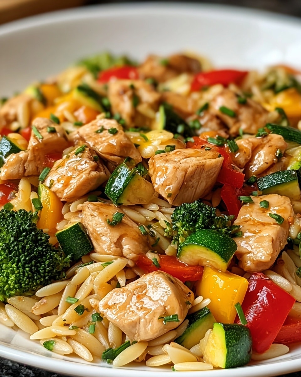 The dish shows a white plate filled with a colorful stir-fry that has several layers: the bottom layer is small, golden orzo pasta with a smooth texture, mixed evenly with pieces of bright green broccoli. On top are chunks of light brown chicken with a shiny, cooked surface. Scattered throughout are pieces of red and yellow bell peppers, and green zucchini, each cut into small, bite-sized pieces. The food looks glossy with a light sauce coating, and small bits of green herbs are sprinkled evenly across the dish. The photo taken with an iphone --ar 4:5 --v 7