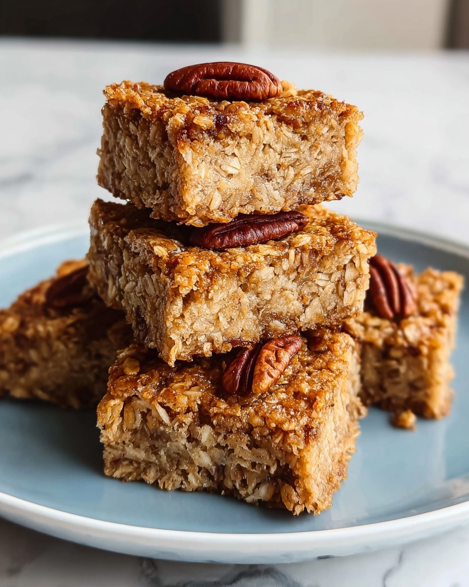 Four oat squares stacked in a pyramid shape on a white plate, each square showing a thick, dense texture with visible oats inside. The top square is on the top center, with three others forming the base beneath it. Each square has a golden-brown color with a slightly crispy edge and a soft interior, topped with a few pecan halves that are glossy and deep brown. The plate rests on a white marbled textured surface. photo taken with an iphone --ar 4:5 --v 7
