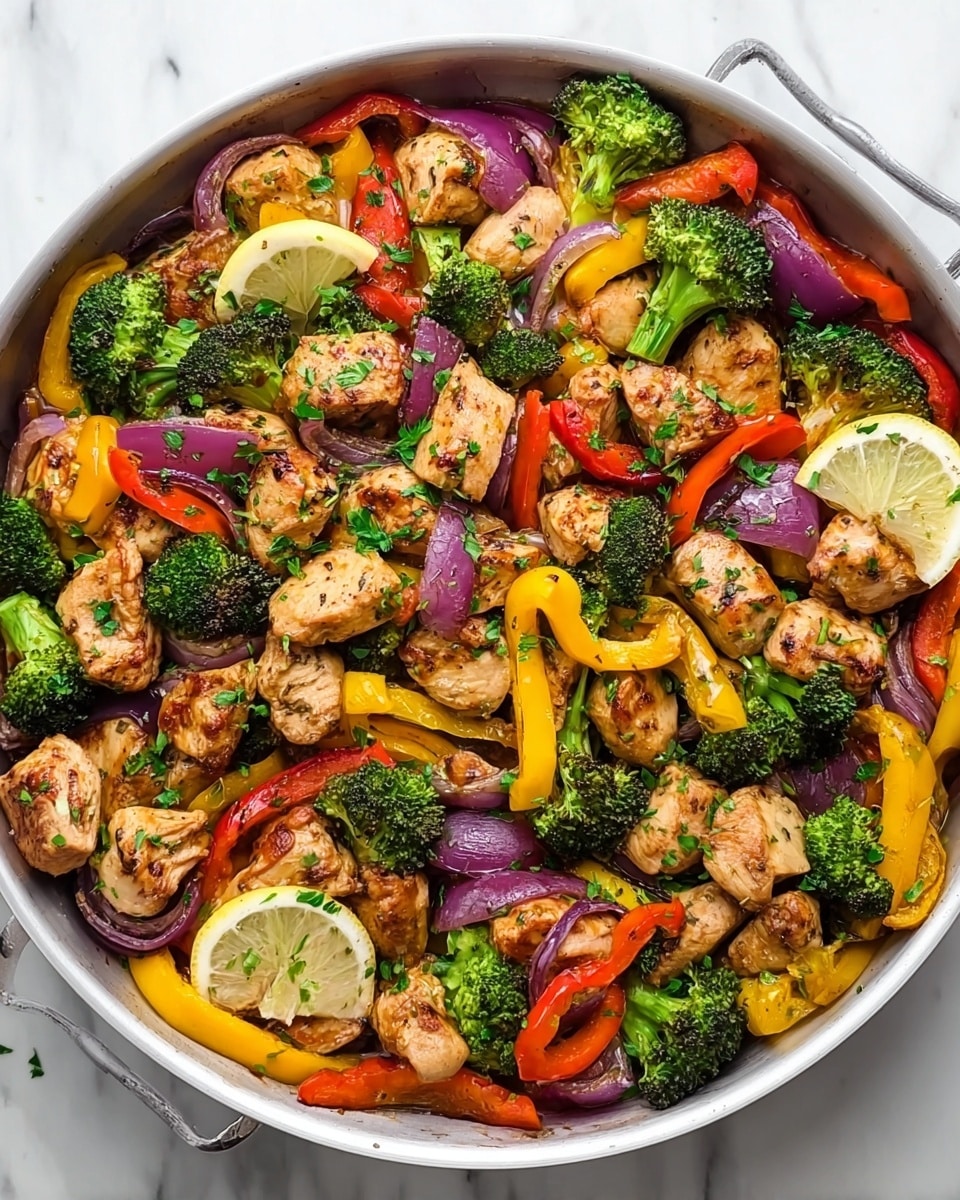 A round white pan filled with a colorful mix of cooked chicken pieces and vegetables. The bottom layer has bright green broccoli florets, slices of red and yellow bell peppers, and purple onion wedges. On top, there are small browned chicken chunks scattered all over with some lemon slices placed around. The dish is sprinkled with chopped green herbs, adding a fresh contrast. The pan rests on a white marbled surface. Photo taken with an iphone --ar 4:5 --v 7