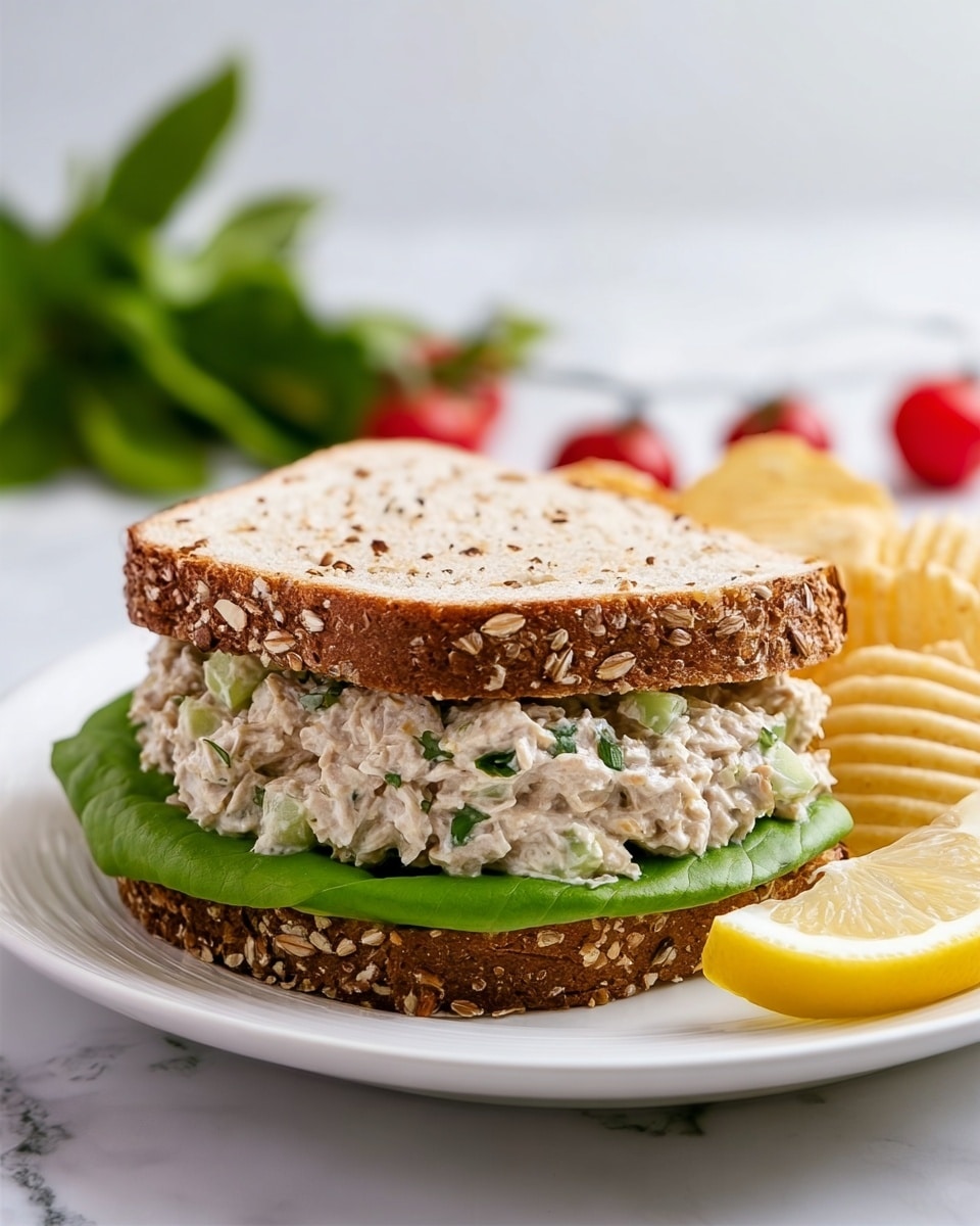 The image shows a sandwich on a white plate with a white marbled background. The sandwich has two slices of toasted multigrain bread with visible seeds and oats. Inside, there is a layer of bright green lettuce at the bottom, topped with a thick, creamy tuna salad mixed with small pieces of celery and herbs, forming a textured, off-white middle layer. Next to the sandwich, there is a lemon wedge and some ridged potato chips. In the background, there are blurred green leaves and red cherry tomatoes. Photo taken with an iphone --ar 4:5 --v 7