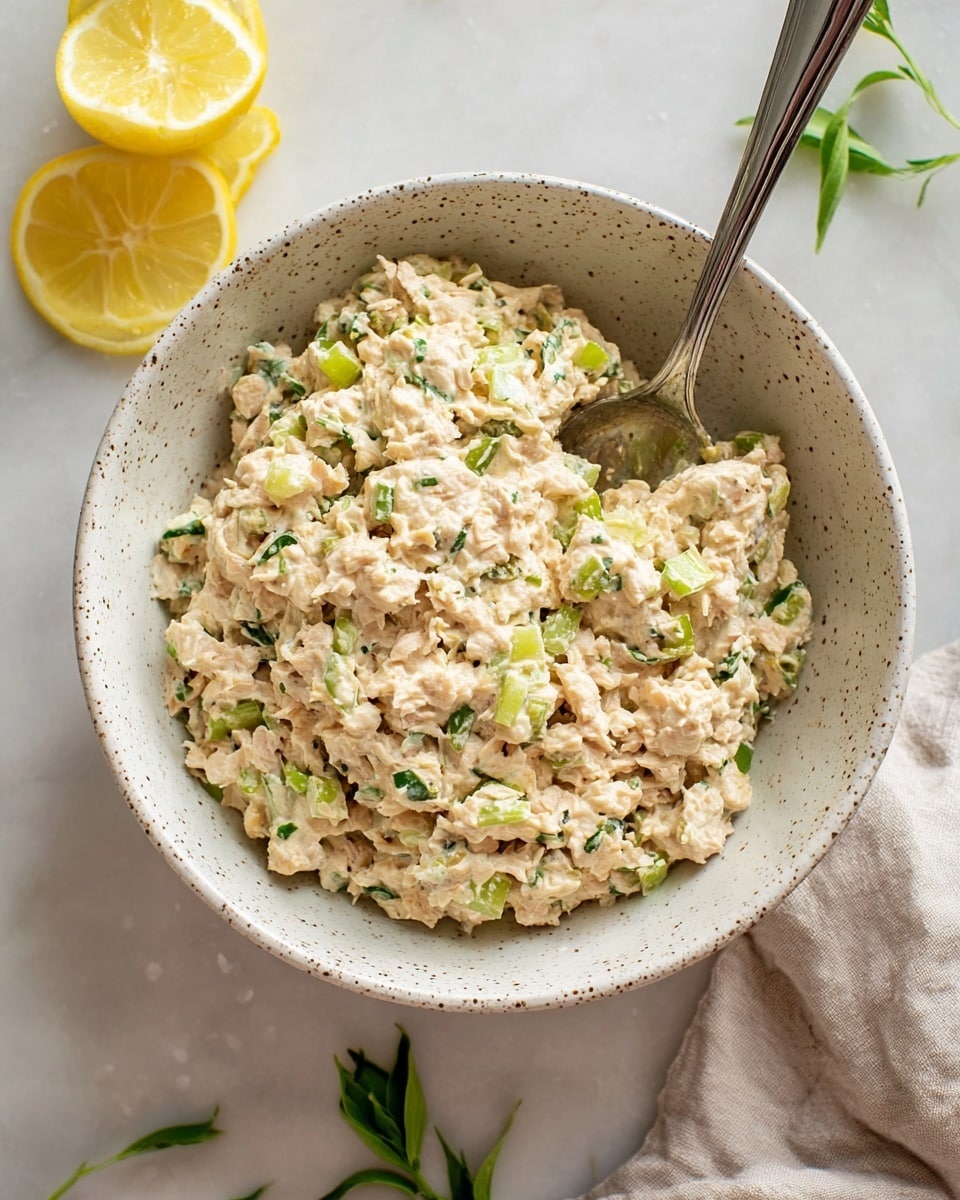 A close-up view of a bowl filled with creamy tuna salad, showing a thick mix of light beige tuna, finely chopped green celery, and small flecks of herbs, all combined into a slightly chunky texture. The tuna salad fills a white bowl speckled with small brown dots, with a shiny silver spoon resting inside, partially buried in the salad. The bowl sits on a white marbled surface, with lemon wedges and green herb sprigs placed nearby, and a soft light-colored cloth seen at the top right. photo taken with an iphone --ar 4:5 --v 7