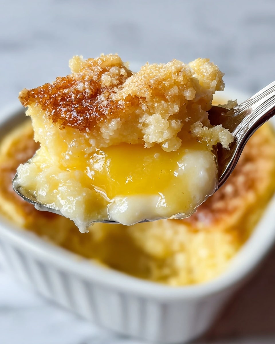 A close-up of a fork holding a scoop of warm, gooey lemon pudding with three visible layers: the top layer is golden brown and crumbly with a sugary texture, the middle layer is bright yellow and glossy, slightly translucent lemon curd, and the bottom layer is creamy white and smooth, showing hints of custard. In the background, a white dish filled with the same dessert can be seen, all placed against a white marbled surface. The photo taken with an iphone --ar 4:5 --v 7