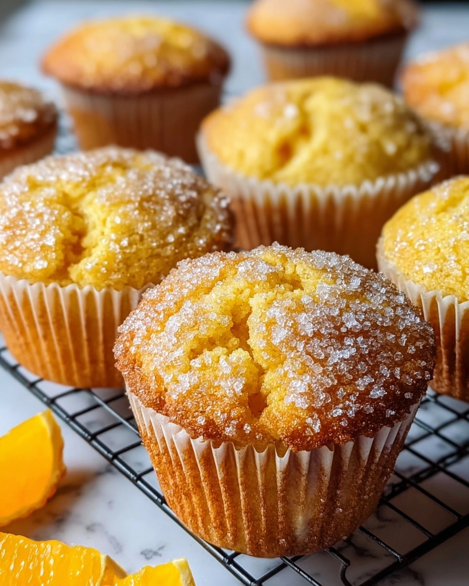 The image shows several golden-yellow muffins with a rough, cracked top layer covered in a sparkling white sugar coating. Each muffin sits inside a white paper baking cup, and the texture looks soft and moist with a slightly crispy edge at the base of the top. The muffins are placed on a black wire cooling rack over a white marbled surface. Some slices of bright orange fruit are visible at the lower left corner, adding a fresh color contrast to the warm muffins. Photo taken with an iphone --ar 4:5 --v 7