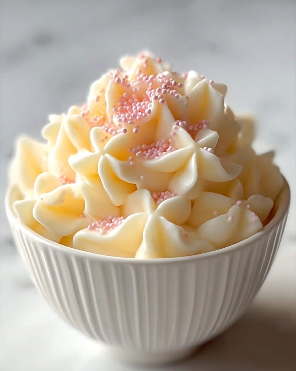 A close-up photo shows a white bowl filled with star-shaped dollops of pale yellow cream, arranged in a layered mound that peaks in the center. On top, there is a smaller cluster of tiny pink granules sprinkled densely, adding a delicate texture contrast. The bowl has vertical ridges around its outside, and the background is a white marbled texture with soft lighting highlighting the cream's smooth and fluffy texture. photo taken with an iphone --ar 4:5 --v 7