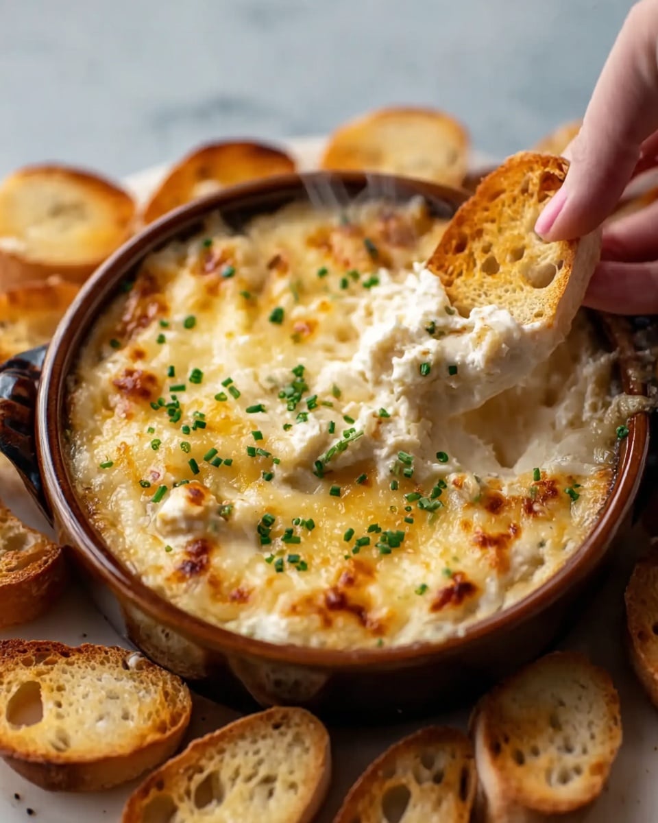 The image shows a small, round white ceramic dish filled with a creamy, gooey baked dip. The top layer is golden brown with melted cheese, sprinkled with small bright green chive pieces. Below that layer, the dip is white and fluffy in texture, being scooped up with a toasted round bread chip held by a woman's hand on the right side. The dish is placed on a white marbled textured surface, with other bread chips blurred in the background. Steam rises gently from the hot dip. Photo taken with an iphone --ar 4:5 --v 7
