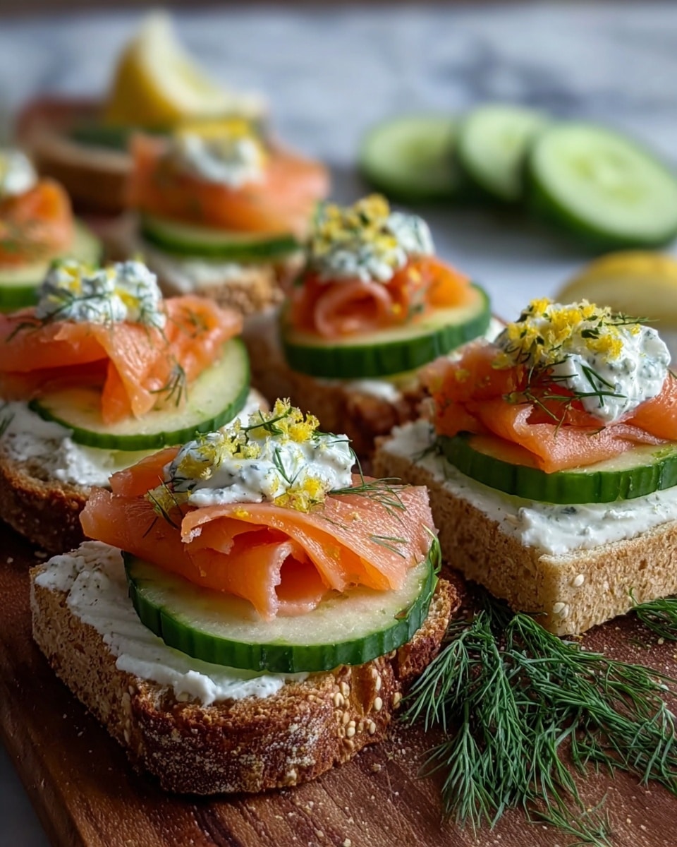 This image shows several pieces of thick, crusty bread slices topped with a layer of white creamy spread, followed by a round slice of fresh cucumber with a green peel. On top of the cucumber, there is a folded layer of bright orange smoked salmon, sprinkled with green dill herbs and small yellow zest pieces. Each piece is finished with a small dollop of white creamy cheese mixed with herbs right on the salmon. The bread is on a wooden board with some sprigs of fresh dill on the side, and in the background there are some cucumber slices on a white marbled surface. photo taken with an iphone --ar 4:5 --v 7