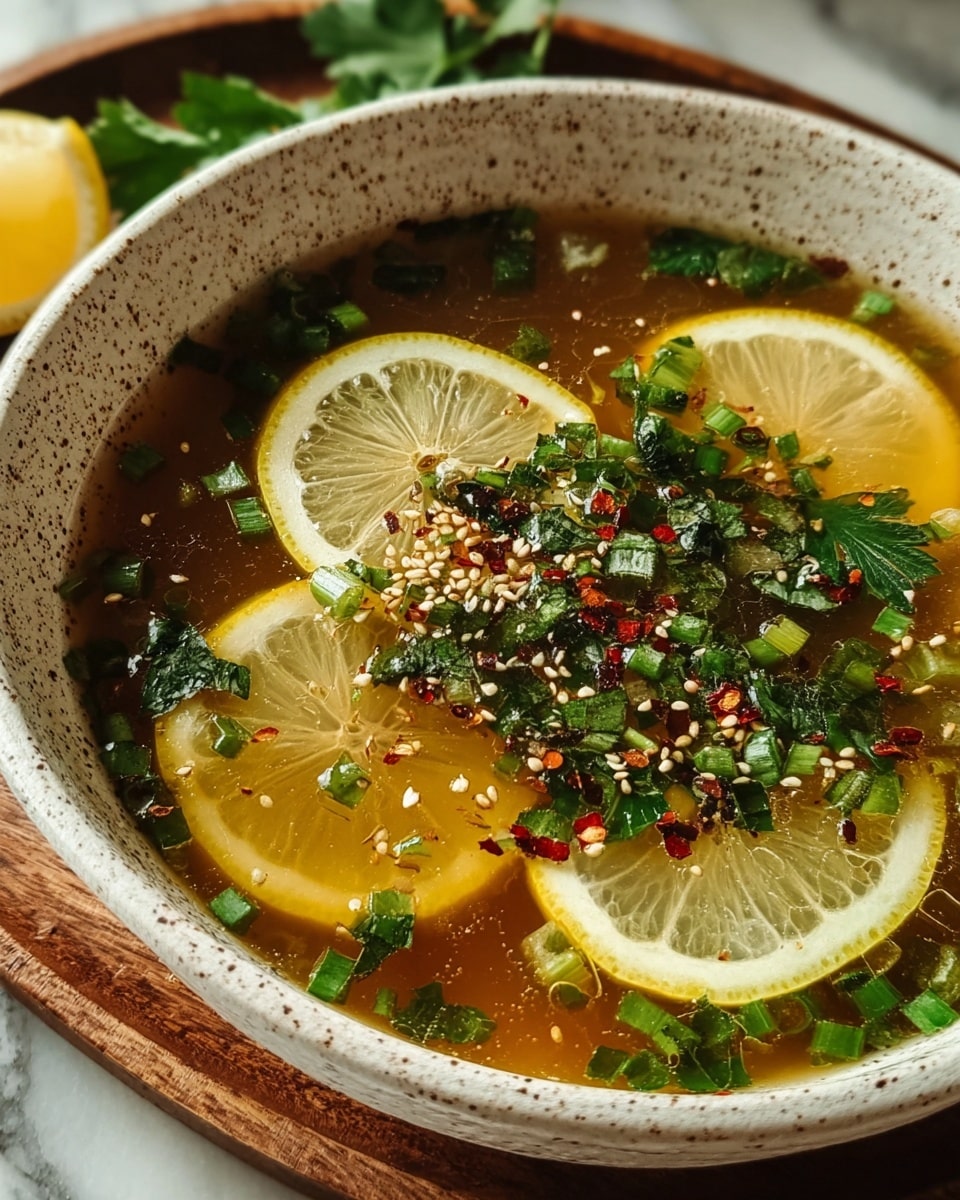 A close-up of a white speckled bowl filled with a clear golden broth showing three thin lemon slices floating near the surface, topped with chopped bright green scallions, dark green fresh cilantro leaves, white sesame seeds, and red chili flakes, all resting on a white marbled surface with a wooden tray around the bowl. photo taken with an iphone --ar 4:5 --v 7