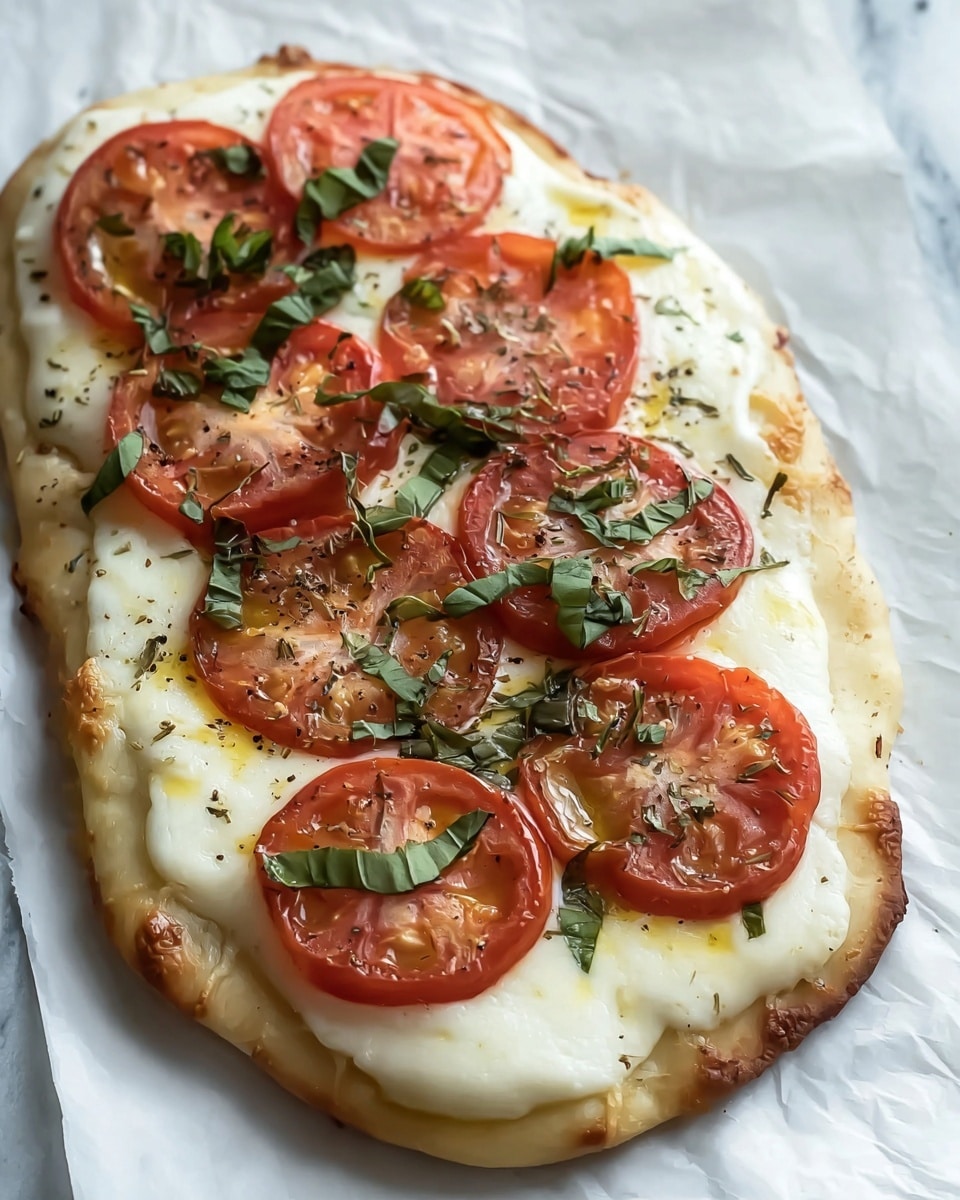 The dish is a flatbread with three main layers visible: the base is a light golden-brown flatbread with soft texture and slightly uneven edges, the middle layer is a thick, creamy white melted cheese spread smoothly and bubbling in areas, and the top layer consists of several round bright red tomato slices evenly placed across the flatbread, each topped with scattered small, dark green fresh basil leaves and a light drizzle of olive oil and tiny dried herbs. The flatbread rests on white parchment paper over a surface with a white marbled texture. photo taken with an iphone --ar 4:5 --v 7