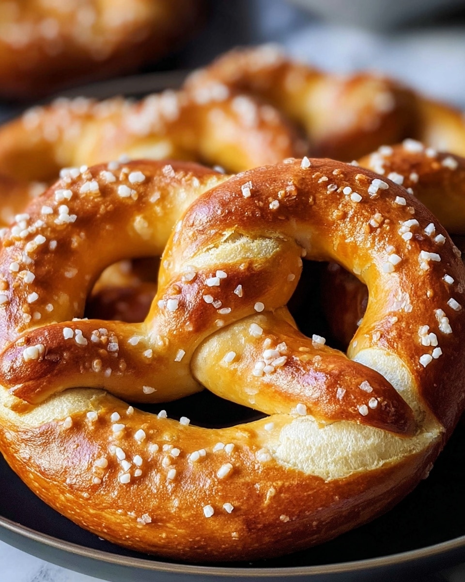 The image shows a close-up view of a golden-brown pretzel with a shiny, slightly crispy crust covered in large, coarse grains of salt. The pretzel has a twisted loop shape with a smooth, almost glossy texture, and subtle cracks that reveal the soft dough inside. The pretzel rests on a dark plate, sitting against a white marbled background, with blurred similar pretzels visible in the background. photo taken with an iphone --ar 4:5 --v 7