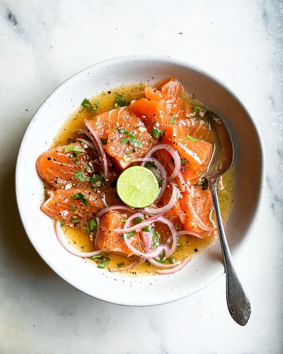 A white bowl filled with several pieces of bright orange raw salmon slices, some folded and others laid flat, topped with thin light pink onion rings scattered evenly, small green cilantro leaves, a halved lime piece with a bright green peel and pale yellow inside placed near the center, all soaked in a light brown, oily dressing sprinkled with coarse black pepper. A silver spoon rests on the right edge of the bowl, partially immersed in the salmon and dressing, set on a white marbled surface. photo taken with an iphone --ar 4:5 --v 7