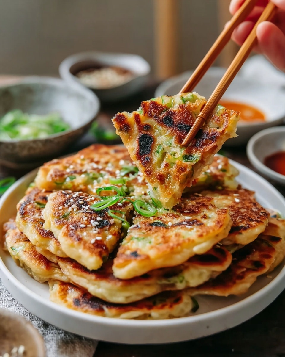 A white plate holds a stack of golden-brown pancakes with slightly crispy edges and charred spots, arranged in a circle with one piece lifted by wooden chopsticks held by a woman's hand in the top right. The pancakes have visible small green onion pieces inside and on top, which are bright green with a few sesame seeds sprinkled over the stack. The surface beneath the plate is a white marbled texture, and blurred bowls with sauces and other sides sit in the background, giving a fresh and inviting look. photo taken with an iphone --ar 4:5 --v 7