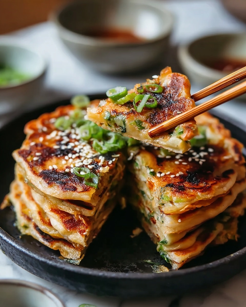 A stack of golden brown, crispy pancakes layered on a round black plate. Each pancake shows varying shades of light and dark gold with some darker charred spots, and pieces of green ingredients are visible inside the layers. The top pancake is cut into slices and sprinkled with white sesame seeds and chopped green onions, adding texture and color contrast. A pair of wooden chopsticks held by a woman's hand lifts a triangular pancake slice showing its soft inside with green bits. The background includes out-of-focus bowls, all set on a white marbled surface. photo taken with an iphone --ar 4:5 --v 7