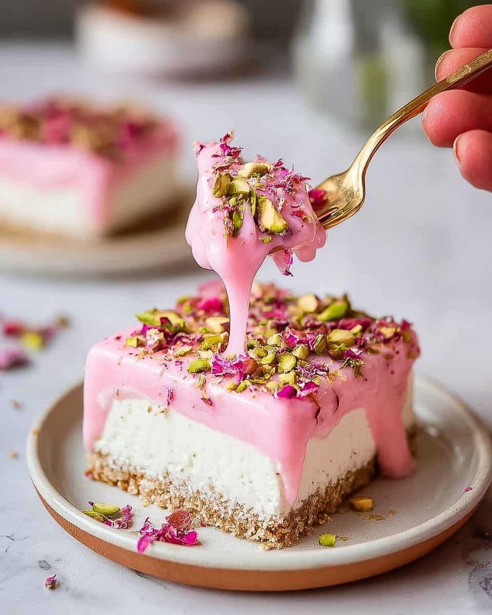 A square slice of dessert with three clear layers placed on a white plate with a brown rim. The bottom layer is a light brown crumbly base, the middle layer is thick and white with a smooth texture, and the top layer is bright pink, fluffy, and creamy. The top is sprinkled with green pistachio nuts and small bits of red decorations that look like dried fruit or petals. The plate is on a white marbled surface, and there is a gold fork partially visible on the right side. Photo taken with an iphone --ar 4:5 --v 7