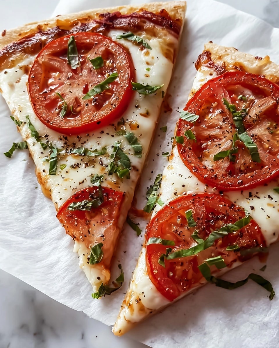 Two slices of pizza are shown on white parchment paper over a white marbled surface. Each slice has a thin, golden-brown crust with a layer of red tomato sauce underneath creamy white melted mozzarella cheese that has some browned spots. On top, there are large round slices of red tomato with visible seeds and small pieces of chopped fresh green basil scattered over the slices. Some black pepper is sprinkled over the tomatoes and cheese, adding texture and contrast. Photo taken with an iphone --ar 4:5 --v 7