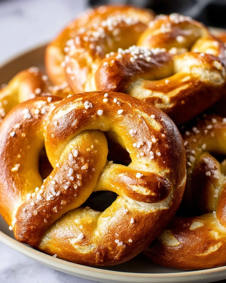 A close-up view of soft pretzels stacked in a round, white plate, each pretzel baked to a golden brown with a smooth and slightly shiny crust. The pretzels have a twisted shape with visible folds and coarse white salt crystals sprinkled generously on top. The texture shows small cracks where the dough has expanded, revealing a lighter, airy interior beneath the brown surface. The plate sits on a white marbled texture. photo taken with an iphone --ar 4:5 --v 7