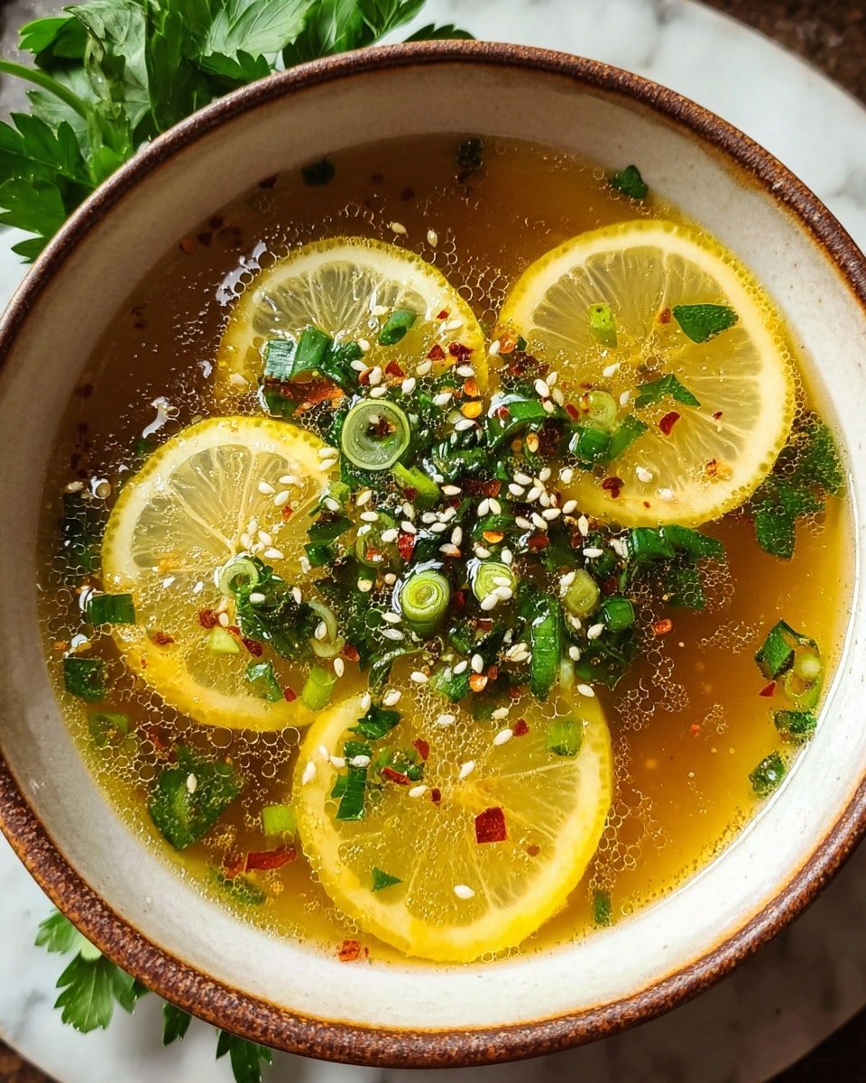 A white bowl with a brown rim filled with a clear golden broth sits on a white marbled texture. Floating on top are three translucent lemon slices, bright green chopped spring onions, fresh cilantro leaves, and small white sesame seeds mixed with red chili flakes. The broth surface glistens with tiny oil drops, adding shine and texture to the warm soup. A few parsley leaves are placed on the side, enhancing the fresh look. Photo taken with an iphone --ar 4:5 --v 7