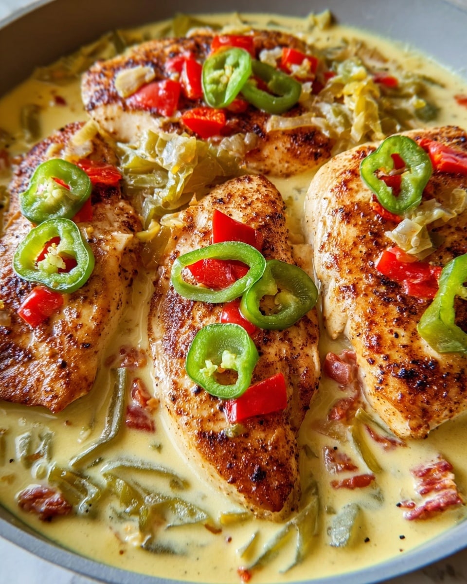 The image shows a close-up of four pieces of cooked chicken breasts with a browned, slightly spicy crust, arranged side by side. Each piece is topped with a mix of green pepper slices and diced red bell pepper, adding a pop of color. The chicken sits in a creamy, light yellow sauce with visible bits of seasoning and peppers throughout, filling the space around and under the chicken. The textures contrast between the tender, juicy chicken and the smooth, rich sauce. The dish is served in a white pan, set on a white marbled surface. photo taken with an iphone --ar 4:5 --v 7
